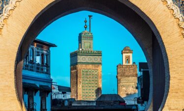 Ornate blue and green Bab Boujloud gate in Fes, Morocco