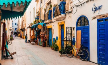 Blue wooden doors in Essaouira medina, Morocco