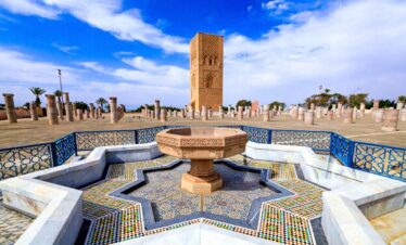 Hassan Tower in Rabat, Morocco with historic minaret and surrounding gardens
