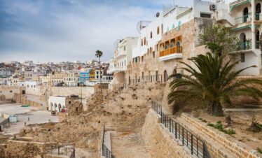 Panoramic view of Tangier, Morocco with medina, harbor, and Mediterranean coastline