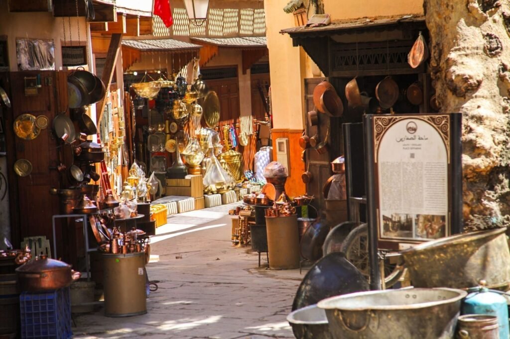 Artisan iron workshop in Fes, Morocco with handcrafted metal goods