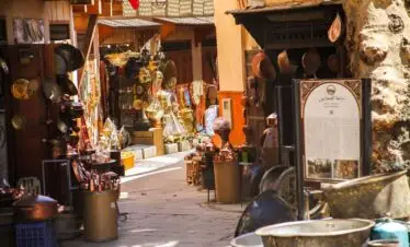 Artisan iron workshop in Fes, Morocco with handcrafted metal goods